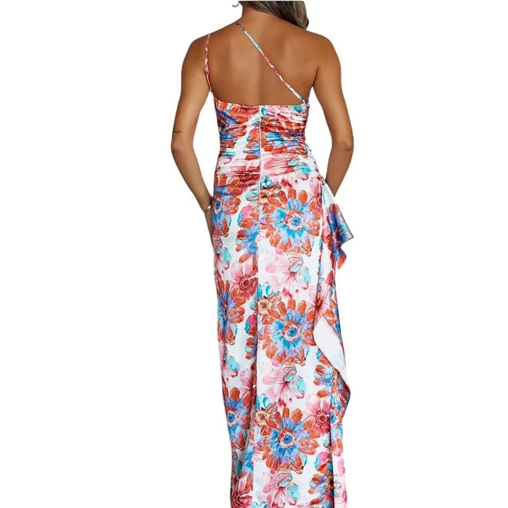 Hello Molly Elianna One Shoulder Satin Maxi Dress Floral 1 Shoulder Ruched S NWT - Picture 3 of 11